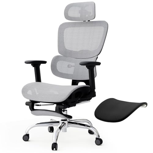Ergonomischer Bürostuhl Voll-Mesh mit Abnehmbarem Kissen, Fußstütze, Höhenverstellbarem Rückenlehne, Kopfstütze & Armlehnen, Selbstanpassende Lendenstütze, PU-Rollen, 360° Drehbar, 150 kg , Hellgrau