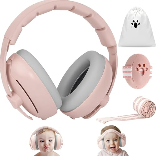 JITIFAZH 2 in 1 Baby Ear Defenders 3-48 Months, Adjustable Children Ear Defenders with Stretchy Band, Infant Baby Noise Cancelling Headphones for Sleep Travel Essentials, CE & ANSI Certified