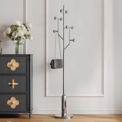 Bekrvio Edelstahl Garderobenständer(113kg Belastbar, 8 Haken Kleiderständer stabil, Garderobe flur in Baumform, Jackenständer, Clothes Rack für Wohnzimmer Schlafzimmer Büro