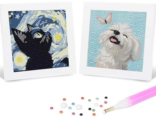 FLAJZ 2 Stück Diamond Painting Kinder mit Rahmen – DIY Strassstein Malset Katze & Hund, Bilder zum Basteln für Jungen & Mädchen, Kreatives Handarbeitsset ab 6 Jahren, Geschenkidee Deko