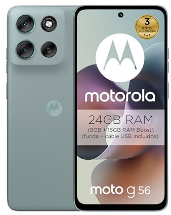 Moto g56 5G 24GB (8GB+16GB RAM Boost)/256GB Gris, Durabilidad Militar, IP68/69, Corning Gorilla® Glass 7i, Pantalla 6.72 Full HD+, Cámara 50 MP con Moto ai, Batería 5200 mAh,Carga TurboPower 30W