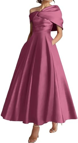 WSEYU Vestidos de novia para madre de la novia, vestidos de satén formal de noche para abuela con bolsillos de lazo ZMKI328, Rosa desierto, 46