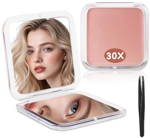 AMFUN Miroir Compact 30X, 8.5x8.5cm Miroir Grossissant Pliable des Deux Côtés, Petit Miroirs avec Grossissement pour Sortir, Voyager et Se Maquiller (Rose)