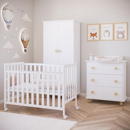 zee Bambi Weiß Beistellbett Baby 120x60 cm mit Rollen Tragbar Babybett Verstellbarer Stubenwagen Kinder Bett 3-Fach Höhenverstellbar Absenkbare Seite