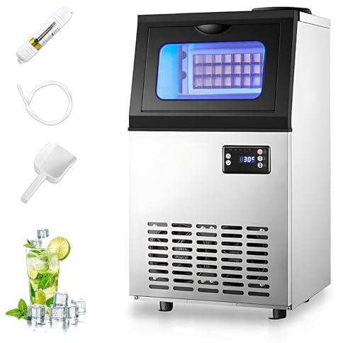 CIELOBLOEN Máquina para Hacer Hielo Comercial, 45 kg/día, 36 Cubos/Lote, Acero Inoxidable, para Colocar bajo encimera o de pie, 36 Cubos de Hielo en 8-10 Minutos, para Uso doméstico