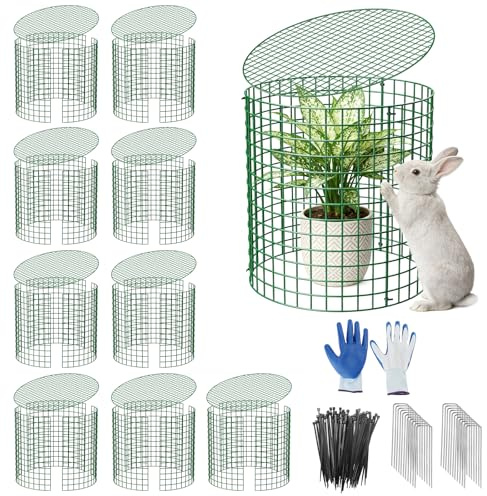 MQJIAZHI Juego de 10 rejillas protectoras para plantas con tapa, 33 cm de altura, de metal verde, jaula protectora para plantas con guantes, bridas y estacas, protección contra animales pequeños