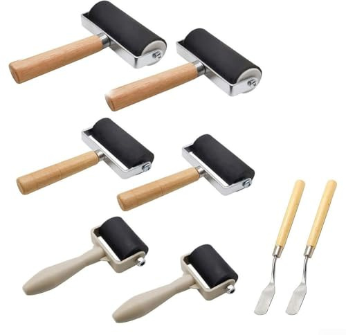 Set di 8 rulli in gomma con manici in legno, rulli di inchiostro per stampa e artigianato, kit multiformato per artisti