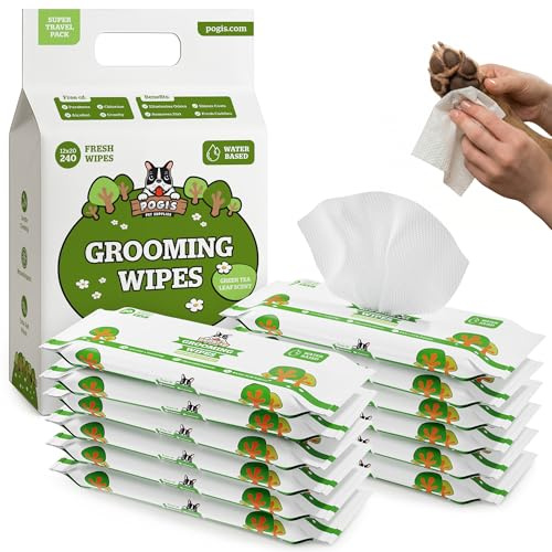 Pogi våtservetter för hundar – grön te-doft, för resor och utflykter, reseförpackning – 240 st