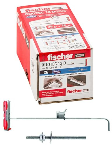 Fischer 25 Tasselli per Cartongesso DUOTEC 12 con vite metrica M6, Fissaggio ad Ancora per Carichi Elevati su Pannelli e Lastre, Foro 12 mm con vite 544597, grigio