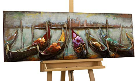 KunstLoft Metallbild 3D | 100% HANDGEFERTIGT | 120x40x6cm | Wandbild Metall Deko 'Nähe der Ferne' | Gondeln Venedig | Blau Beige | Metall Wanddeko Wohnzimmer