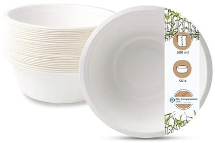 BIOZOYG Einwegschalen 50 Stück 500 ml Ø 15 cm weiß - Suppenteller aus Zuckerrohr Partygeschirr Einwegteller Suppenschalen - Bowl Pastateller, tiefe Teller stabil
