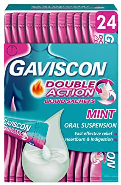 Gaviscon Double Action Sachets, Mint, 24 X 10ml, Heartburn Relief, Acid Reflux, Indigestion Liquid Gerd, Gastro Resistant, Gets To Work Instantly, Lasts 2X Longer, Antacids, Digestion and Nausea
