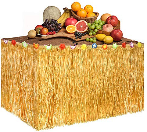 Funny House Gonna Tavolo Hawaiana,Tovaglia da Tavolo 276 * 75 cm Hawaiian Luau Hibiscus Gonna da Tavolo in Erba con 30 Fiori di Seta Finto per Barbecue Beach Tiki Decorazioni per Feste