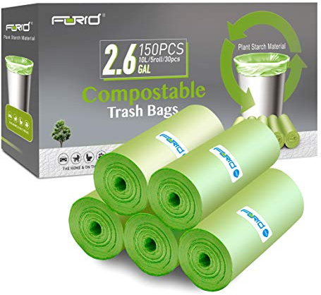 FORID 2.6 Gallon Compostable Garbage Bags, 150 Count, 5 Rolls – Green, Small, Durable, Thick, Unscented Trash Bags, 10 Liter - For Kitchen, Bathroom, Home, Office