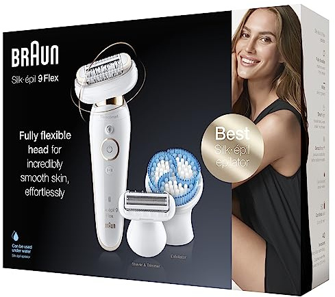 Braun Silk-épil 9 Flex Epilierer Damen / Haarentferner, inkl. Rasieraufsatz und Tiefenpeeling-Bürste, mit flexiblem Kopf für einfachere Haarentfernung, 9010, weiß/gold