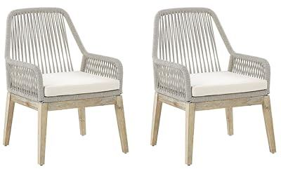 Gartenstuhl 2er Set Flechtseil beige mit Holzbeinen und Auflagen Boho Olbia