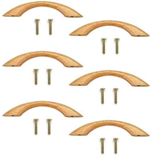 JUNMEIDO 6 Pz Maniglie in Legno per Armadi Maniglie per Mobili Cucina in Legno Maniglie ad Arco in Legno Maniglie Tiraggio in Legno Maniglia Manopola per Mobili Cassetto Guardaroba, con 12 Viti