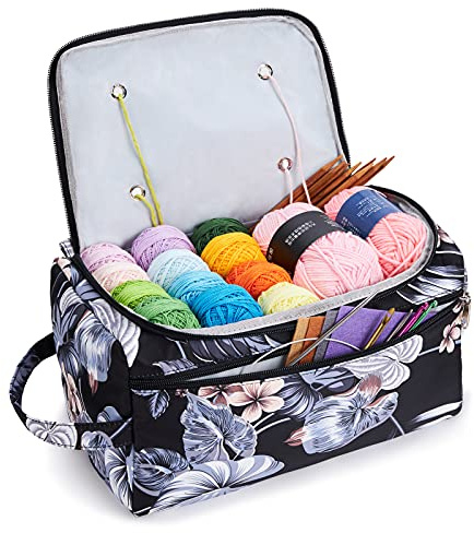 KALIDI Garnaufbewahrung Stricktasche Garn Wolle Häkelnadel Zubehör Organizer Halter Leicht mit Griff Gurt (Schwarze Blume)