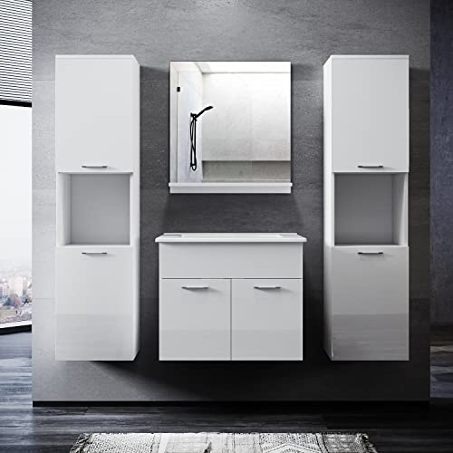 SONNI Badmöbel Set mit Waschbecken mit Unterschrank und Spiegel Badezimmermöbel mit Hochschrank Waschtisch 4-teilig 60cm Hochglanz weiß für kleine Bäder