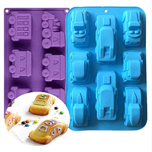 Joyeee 2 Stück Zug Auto Auto Silikonformen, Silikonform Pfanne Tablett Silikon Backform für Muffin Kuchen Cupcake Tart Pie Eiswürfel Fondant Seife Weihnachtsgeschenke für Kinder