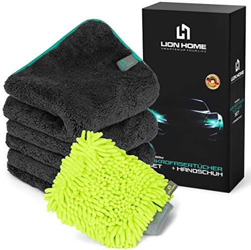 Lion Home Mikrofasertuch-Set | 1200 GSM | 3er Set 40x40cm + Gratis Mikrofaserhandschuh | Schonende & saugstarke Reinigung für Autos, Fenster, Spiegel und mehr | 3er Set 40x40cm 1200 GSM schonende & saugstarke für Fenster Spiegel und mehr Reinigungstücher Poliertuch Auto