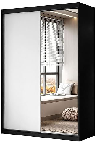 lukmebel Kleiderschrank Camaro II - Kleiderstange Schrank - Schwebetürenschrank mit Spiegel 150x59x215 cm Schrank Shwarz/Weiß - Schlafzimmer Möbel - Aluminiumgriffe - Mehrzweckschrank