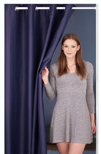 tinycurtains, Thermo Türvorhang mit Teleskopstange, einfache Montage in nur 1 Minute ohne Bohren (Türgardine blau H195 x B150 cm + Stange weiß B55-90 cm)