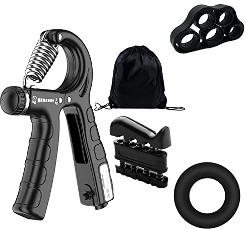 Lot de 4 renforçateurs de préhension avec 1 poche de tirage, force de préhension réglable, prise en main intelligente, force des doigts, exercice de doigt pour athlètes, musiciens (noir)