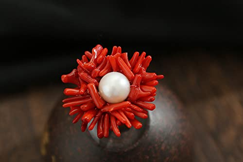 HGJH Bagues Argent,925 Argent Sterling Perle d'eau Douce Grande Mer Rouge Corail Rouge Exagération Bohème Anneau Ouvert Index Bague Mariage Éternité Bijoux Cadeaux pour Dames