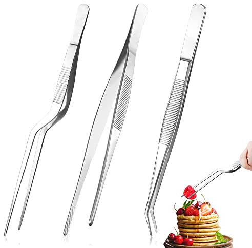 3 Pieces Kitchen Fine Tweezer Tongs, Stainless Steel Cooking Tweezers,16.5 CM Kitchen Long Tweezer, Cooking Pliers for, Food Tweezers, for Decorating Dishes, Cooking and Baking