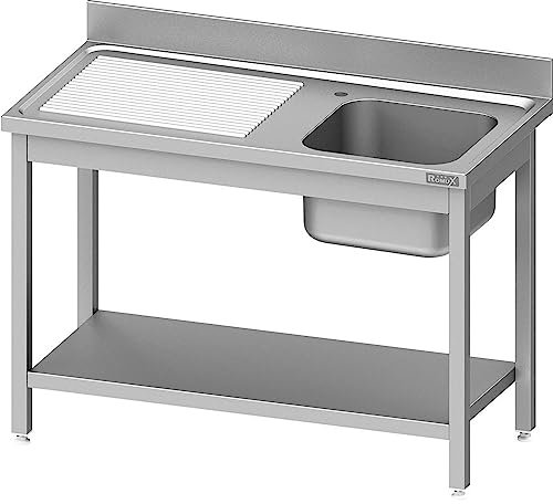 Romux® Fregadero de Acero Inoxidable de 1 Seno con Escurridor Izquierda 1600x600x850 mm Desmontable | Pica Industrial con patas | Pila Lavadero
