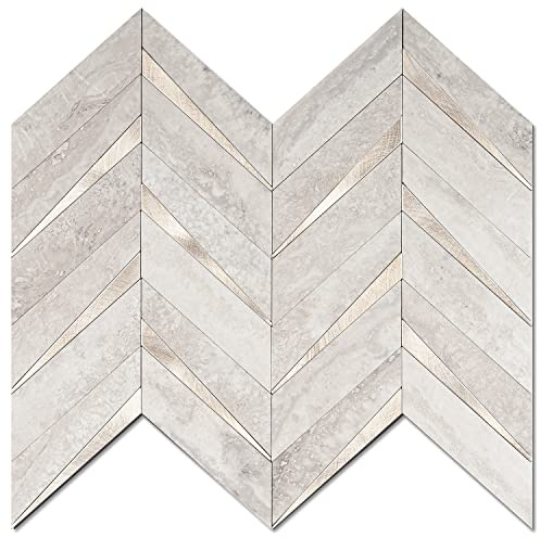 STICKGOO 10-Sheet Herringbone Tile Peel and Stick Backsplash, Beige Mixed Metal Gold PVC Stick on Backsplash, Self Adhesive Wall Tile for Kitchen and Bathroom