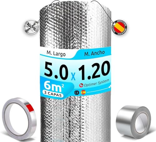 AISLANTE TERMICO MULTIUSOS PREMIUM| Reduce el Frio y el Calor |100% ALUMINIO| Aislante Termico para Ventana, Pared, Suelo, Techo, Coche, Garaje[1.20 X 5m ] ( 6m² ) + 2 cintas adhesivas