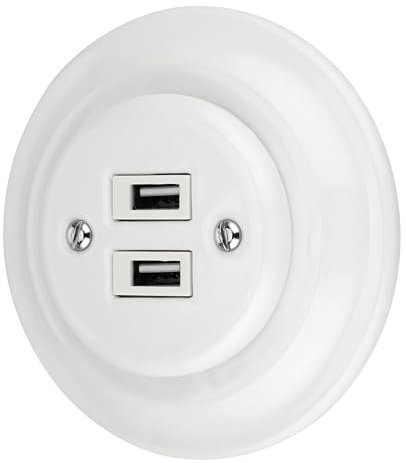 Presa USB da incasso in porcellana, stile retrò, 2 prese, All-in-One, serie PR1, colore: bianco