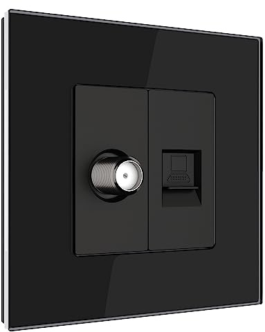 PULSAR Netzwerkdose/Sat-Dose Glas Unterputz Schwarz 1-Fach, Cat 5e RJ45 | Sat-Dose mit Netzwerkdose Glas Unterputz Schwarz 1-Fach, Antennendose für SAT-Anschluss und Cat5e RJ45 Ethernet Buchse