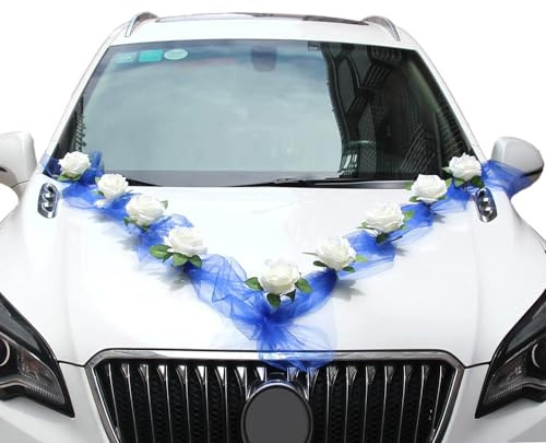 Autoschmuck Hochzeitsauto Dekorationsset - Car Wedding Girlande mit Blau Gaze und Weiß Rosen, DIY Dekoration Set mit 9 Rosen, 2x1.6m Gaze