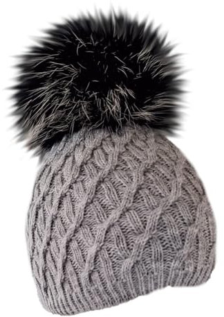 MERRYLAND Mütze Echtfellbommel Pudelmütze ECHTFELL Grau Bommelmütze Black Hat Real Fur Beanie Handmade Fellbommel Echt Fell Strickmütze Fellmütze Bommel Pelzbommel Pelz