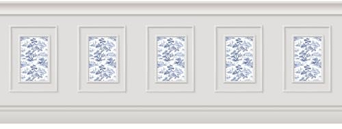 PLAGE Papier peint panoramique, crème toile de jouy bleue, effet trompe l'oeil, boiseries soubassement, 70 cm X 195 cm