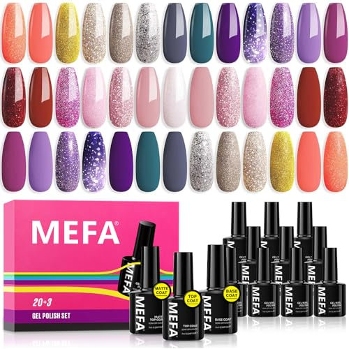 MEFA UV Nagellack Set, 20+3 Gel Nagellack Rot Glitzer Rosa Lila -Glossy&Matte Top Base Coat-Soak Off Gellack Lack Uv für Nail Art Maniküre Salon