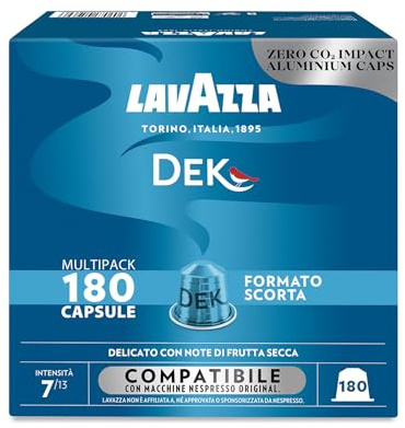 Lavazza, Espresso Dek Lot de 180 capsules de café en aluminium compatibles avec machines à café Nespresso* Original avec notes de fruits secs et de chocolat, arabica et robuste, intensité 7/13