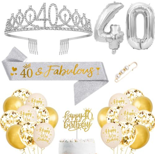 YCFAIIKG 40 Ans Couronne et Echarpe Femme, Diadème en Strass, Echarpe Anniversaire, Décorations Argent, Ballons et Gâteau pour Fête d'Anniversaire