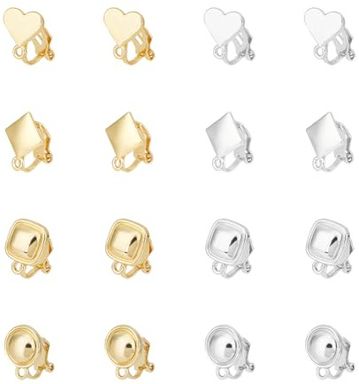 UNICRAFTALE 16 Stück 2 Farben 4 Stile Legierung Ohrclips Mit Horizontalen Schlaufen Herz Quadrat Ohrclips DIY Rhombus Ohrringclips Ohrringherstellungszubehör Für Die Schmuckherstellung
