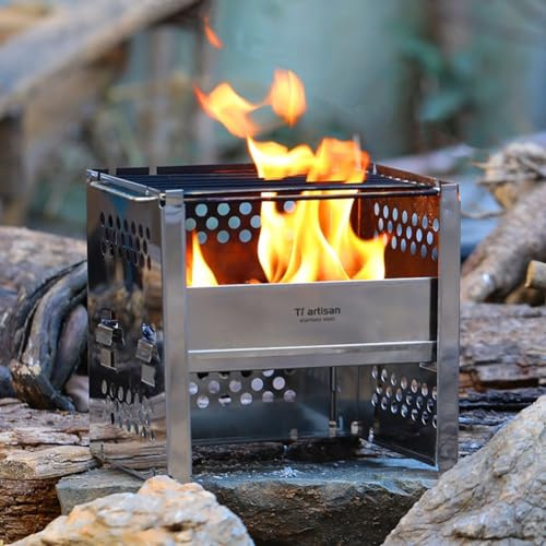 CARMOTTER Portable Wood Stove, Camping Cooking Stove, Folding BBQ Grill, Fuel-efficient, Stainless Steel