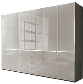 WIEMANN Drehtürenschrank mit 4 Schubkästen hochwertiger Kleiderschrank Schlafzimmerschrank 300cm breit, mit Schubladen, Glas Kieselgrau, Korpus Havanna, Höhe 216cm, Shanghai