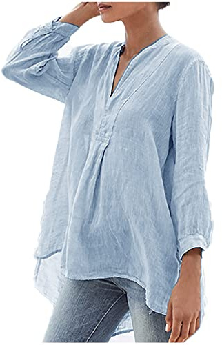 Tee Shirt Blanc Femme Blouses Coton Lin Col en V Manches Longues Tops Couleur Unie Haut D'été Lâche Respirant Décontracté ops Grande Taille Ample Chemisier Femme Tendance Chemise Lin Ample Mode