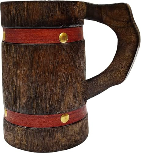 NAVIROCK Chope à bière en bois rustique faite à la main avec sangle en cuir tricoté, fabriqué en véritable mangue
