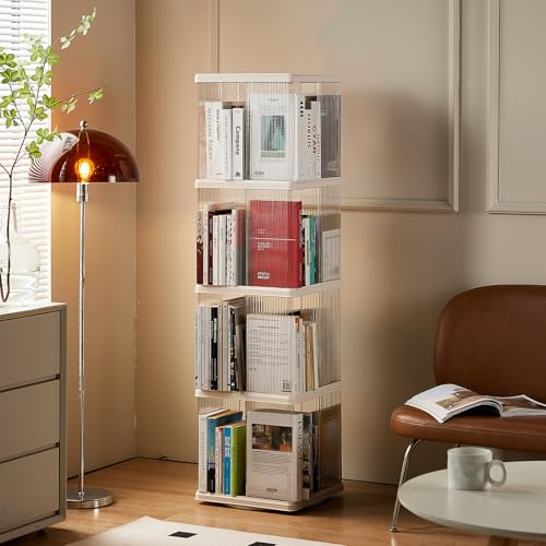 ELPHECO Roterande bokhylla, liten hörnhylla för litet utrymme, 360° display, 4 nivåer, smal plasthylla för vardagsrum (vit transparent, rektangulär)