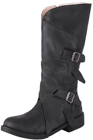 Generisch Bottes longues à talon bloc - Bottes à enfiler - Talon bas - Bottes à bout haut - Bottes en caoutchouc pour femme - Bottines avec talon pour femme, Noir , 40 EU