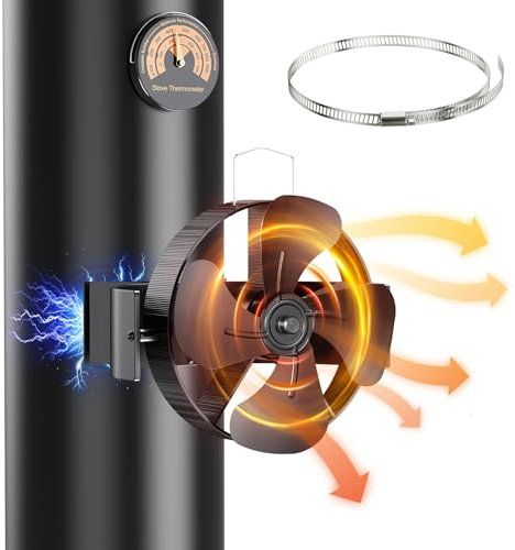 Ovshnrr 3 IN 1 Ventilatore per Stufa a Legna 4 Pale, 180° Rotazione Magnetico Ventilatore, Ventilatore per Camino con Termometro, per Camino Alimentato a Caldo
