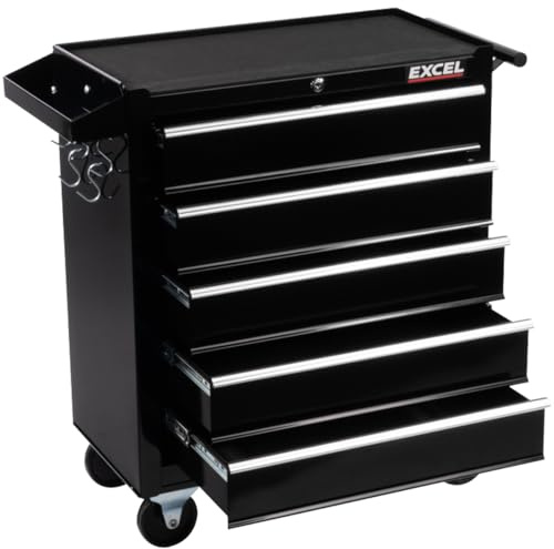 Excel 25 5 Drawer Tool Chest Cabinet with Wheels Black Steel Storage, 5 Drawer Black Steel Tool Cabinet, Rolling Tool Storage Box for Garage Workshop Mechanic